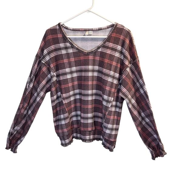 EST. 1946 Size L V-Neck Plaid Long Sleeve Top Mauve White Stretch Knit Comfy - Picture 1 of 12